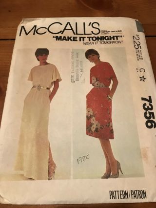 Vintage Mccall’s Pattern Make It Tonight Wear It Tomorrow Misses Dress Size Xl