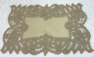 Vintage Rectangle Doily,  Cotton,  Beige,  Battenberg Lace,  Flower Design