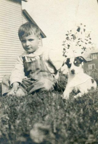Kj85 Vtg Photo Boy In Overalls With His Puppy Dog C Early 1900 