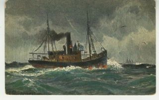 Ship Postcard Scene Of Boat W/ Black Smoke On Choppy Waters In Ocean 1906 Vtg Cc