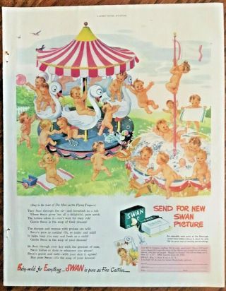 Swan Soap Ad 1945 Vintage 1940s Print Retro Art Illus Babies Carousel