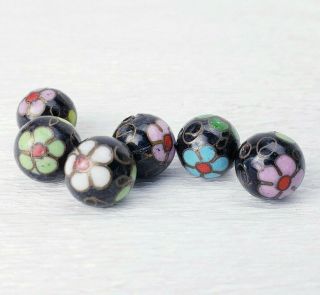 Vintage Black Mixed Color Flowers Cloisonne Chinese Enamel 12mm 6 Beads