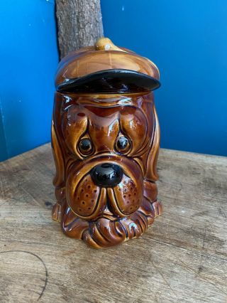 Vintage P&k Dog Glazed Brown Biscuit Jar Barrel