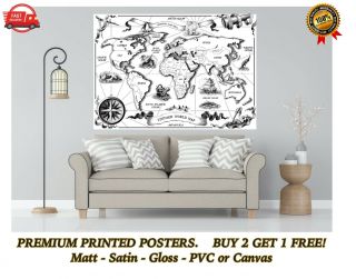 Vintage Style Black And White World Map Large Poster Art Print Gift A0 A1 A2 A3