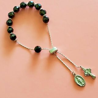 Vintage Sterling Silver Rosary Bracelet Crystal Black Beads - Catholic Medallions
