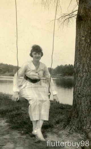 N04 Vtg Photo Woman On Tree Swing By The Lake C Early 1900 