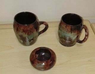 Vintage Ewenny Welsh Pottery 2 X Barrel Mugs And Jam Pot