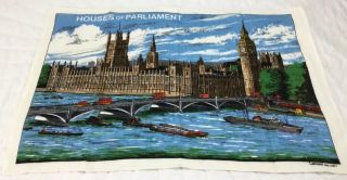 Vintage Kitchen Souvenir Towel,  England,  House Of Parliament,  By Lamont,  Blue