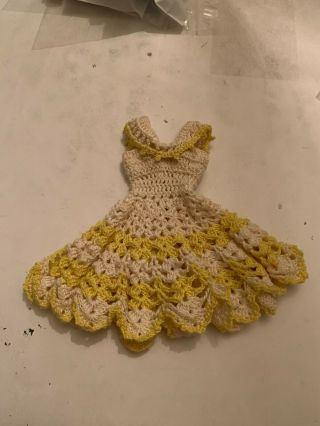 Vintage Barbie Doll Size Yellow And White Hand Knit Dress