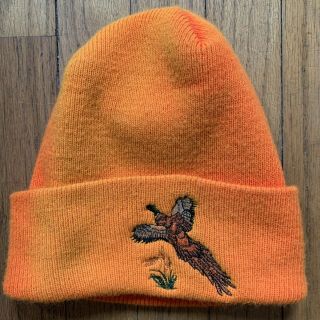 Vintage Pheasant Hunting Winter Hat Orange Embroidered Warm Collectible Cap Gun
