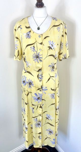 Vtg 80s 90s Blue Yellow Floral Shirt Shift Summer Tie Back Dress - 14 / 16