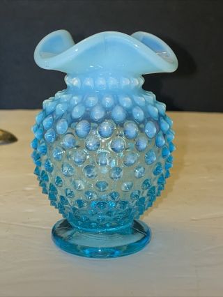 Vintage Fenton Blue Opalescent Ruffled Hobnail Small Glass Vase