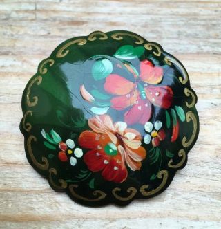 Pretty Vintage Floral Brooch /lacquered Wood/hand Painted/retro/signed/russian?