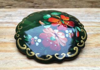 Pretty Vintage Floral Brooch /Lacquered Wood/Hand Painted/Retro/Signed/Russian? 2