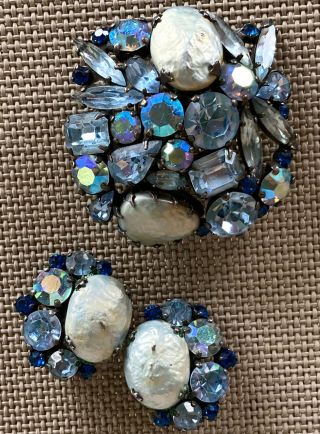 Vintage Signed Weiss Shades Of Blue Rhinestone Brooch And Earring Set