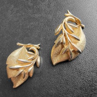 Signed Sarah Cov Vintage Retro Gold Tone Leaf Flower Feather Clip Earrings 873