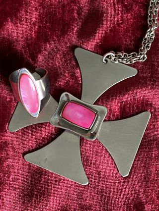 Vintage 60’s Mid Century Brutalist Stainless Steel Pendant And Ring Set