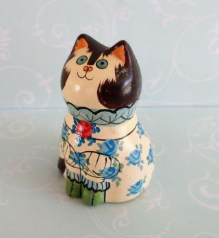 Vintage Small Ceramic Hand Painted Cat Kitten Flowery Dress De Bethel Design