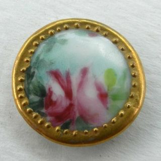 Antique Vintage Pretty Painted Ceramic Button Rose With Gold Border 13/16 "