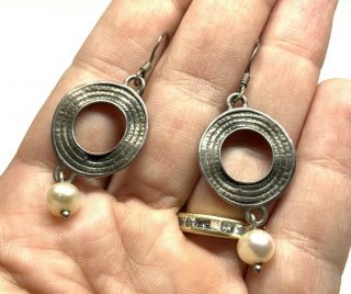 Vintage Designer Signed Sterling Silver Dangle Pearl Drop Hook Earrings