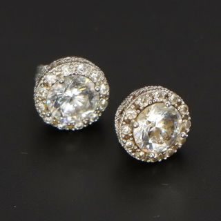 Vtg Sterling Silver - Signed Round - Cut Cz Halo Stud Earrings - 3g