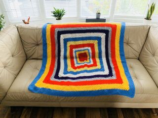 Hand Crochet Knitted Blanket Throw Wool Vintage 44x44” Blue Red White Baby Sofa