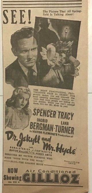 1941 Newspaper Ad For The Movie " Dr.  Jekyll And Mr.  Hyde " - Spencer Tracy