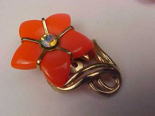 Vintage Goldtone & Orange Lucite/ab Rhinestone Flower Earrings