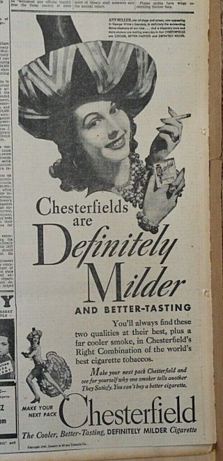 1940 Newspaper Ad For Chesterfield Cigarettes - Ann Miller Stage & Screen Star