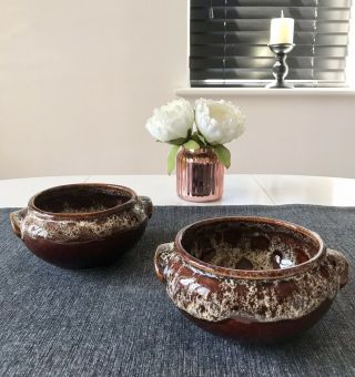 Vintage Fosters Pottery Brown Glazed Honeycombe Soup Bowls With Handles