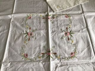 Vintage White Chinese Embroidered Tablecloth & 4 Napkins Pure Cotton T2