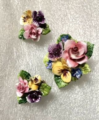 Vtg Crown Staffordshire England Porcelain Flower Brooch Earring Set