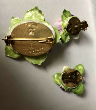 Vtg Crown Staffordshire England Porcelain Flower Brooch Earring Set 2