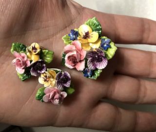 Vtg Crown Staffordshire England Porcelain Flower Brooch Earring Set 3