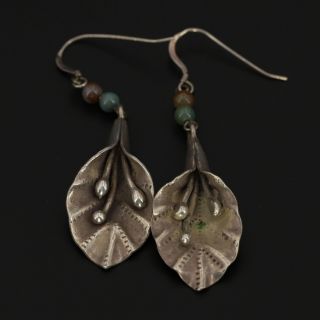 Vtg Sterling Silver - 3 - D Flower Green Agate Beads Dangle Earrings - 11g