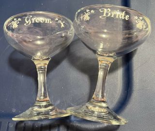 Vintage Bride And Groom 5” Champagne Toasting Glasses
