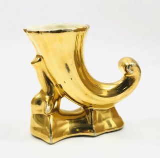 Vintage Horn Of Plenty Upright Cornucopia Gold Painted Pottery Vase