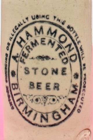 Vintage C1900s A Hammond Birmingham Fermented Stone Ginger Beer Bottle - Warning