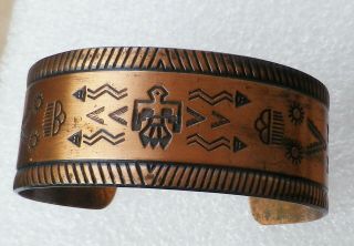 Vintage Solid Copper Southwestern Cuff Bracelet Symbols Arrows Thunderbird 29g
