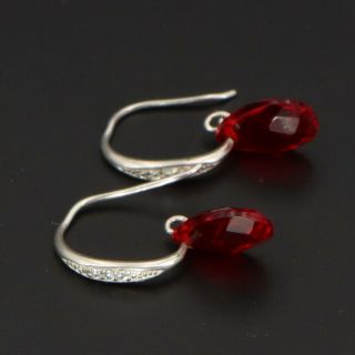 Vtg Sterling Silver - Avon Red Glass Briolette Bead Cz Dangle Earrings - 1.  5g