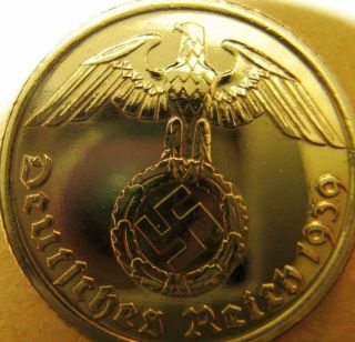 Old Germany 10 Reichspfennig 1939 - Gold Coloured - Coin Iii Reich - Wwii - Vintage - Rare