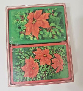 Vintage Hallmark " Poinsettia " Bridge Playing Cards 2 Decks In Case Christmas Euc