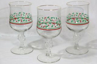 3 Vintage 1987 Arbys Christmas Holly Berry Bow Stem 7 " Glasses Goblets - Libbey