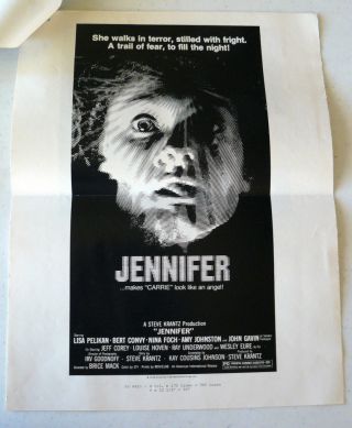 Jennifer - 1978 Horror Film Press Sheet.  Jeff Corey,  Lisa Pelikan,  Nina Foch