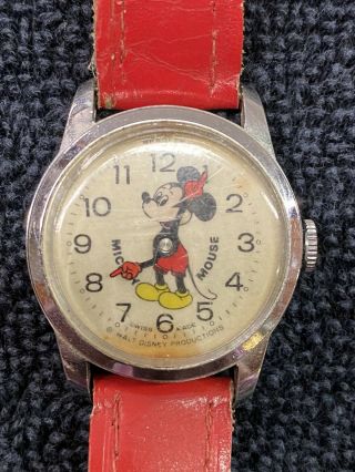 Vintage Mickey Mouse Watch With Red Leather Band