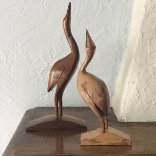 Vintage Set Of 2 Mcm Carved Wood Bird Crane Heron Figures Simple Modern.