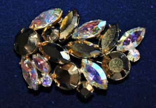 Vintage Regency Brooch Pin A B & Gold Tone Crystals Prong Set