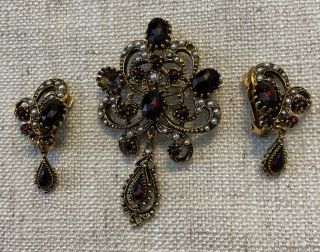 Vintage Art Brooch And Clip Back Earrings - Red Rhinestones And Seed Pearls