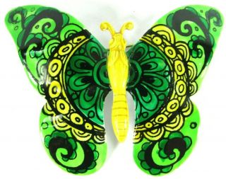Vtg West Germany Butterfly Brooch Pin Green Yellow Swirl Painted Enamel Metal