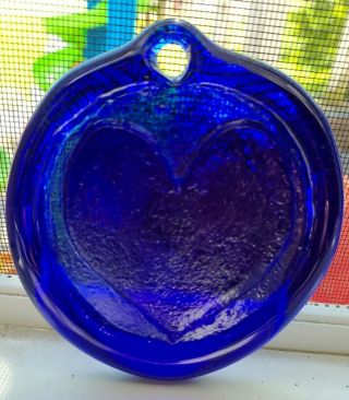 Vintage Pressed Art Glass Cobalt Blue Glass Heart Ornament Sun Catcher